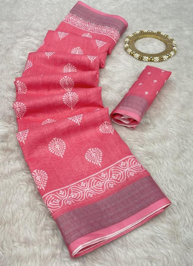 Linen Pink Casual Wear Digital Printed Saree